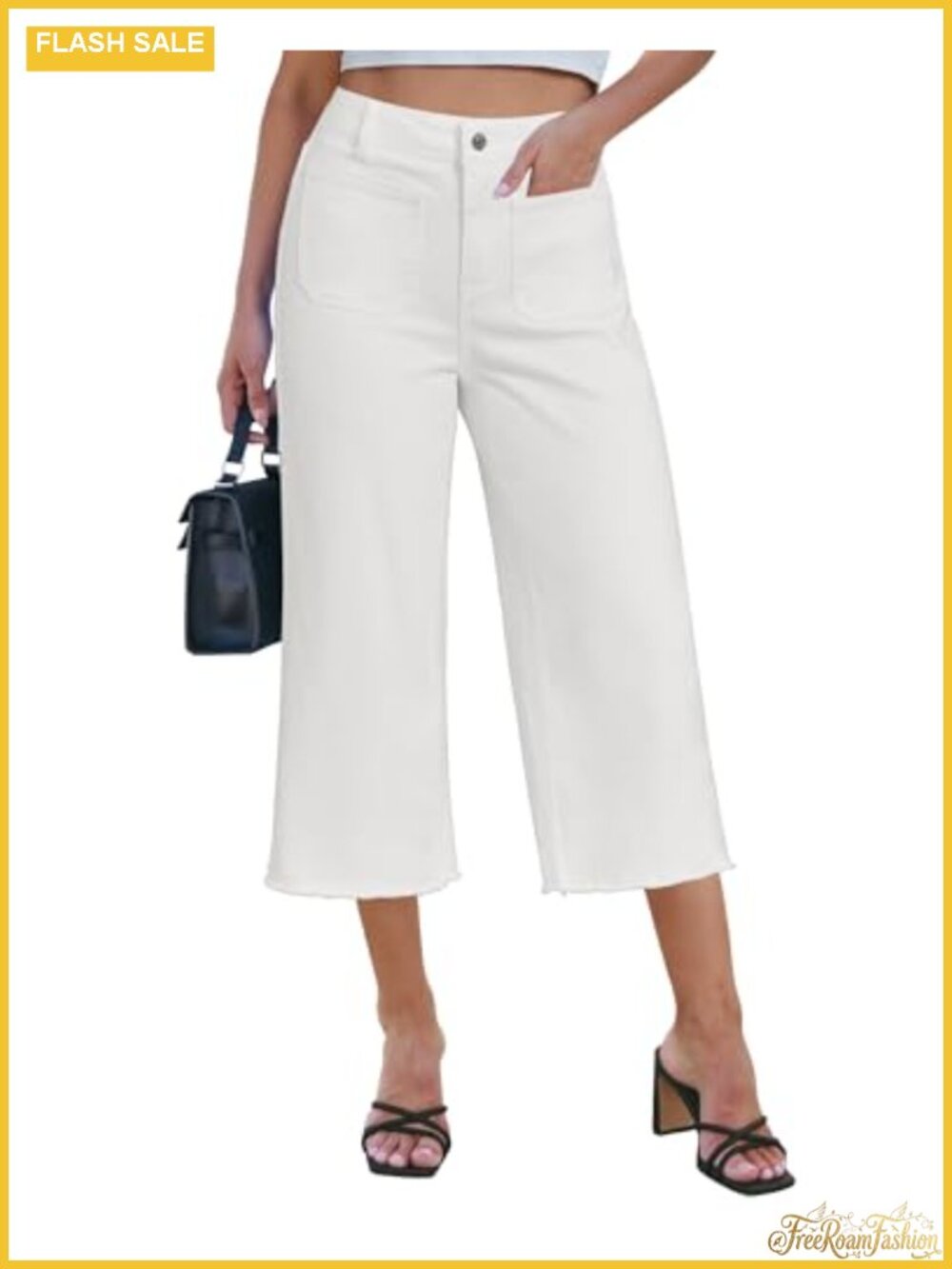 Wide Leg High Waisted Cropped Capri Jeans Womens Stretch Denim 21 Inseam Patch